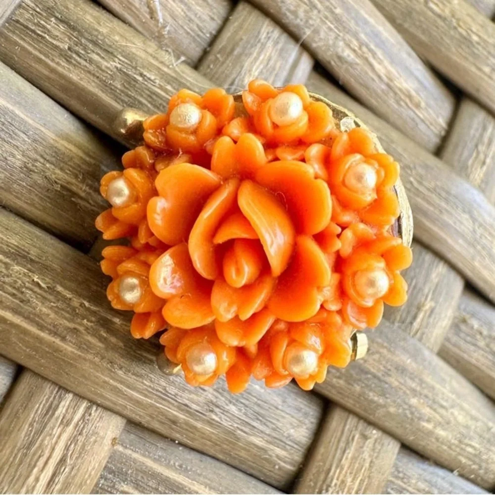 1930’s Vintage Rose Celluloid Coral Brooch Pin with Pearls